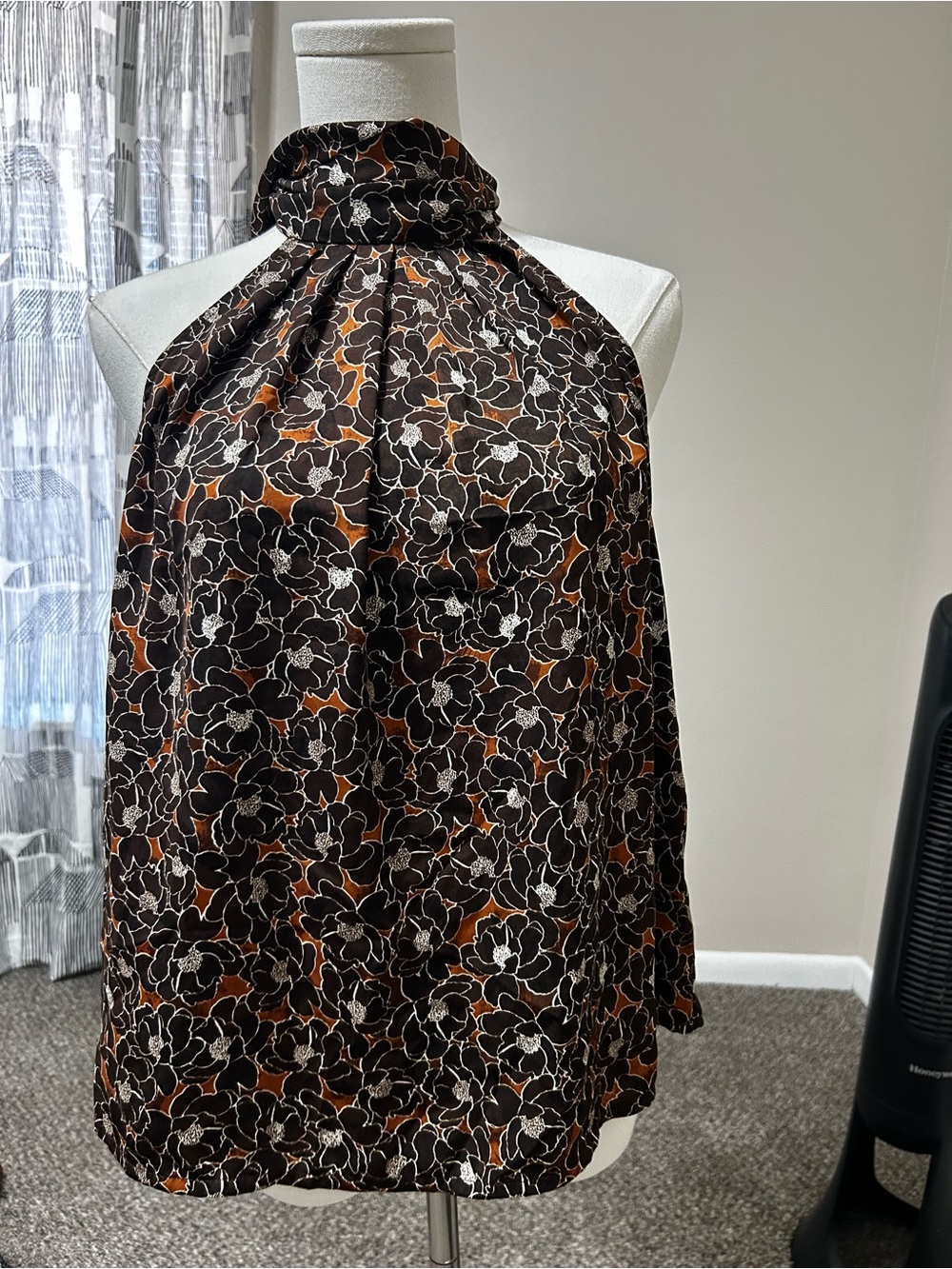 Banana Republic Black Floral Halter Blouse with Brown Accents